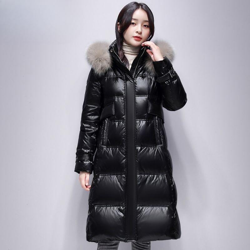 Snow Winter Girls Down Jacket Hooded Big Fur Collar Medium and Long Jacket Fashion Glossy Duck Down Top
