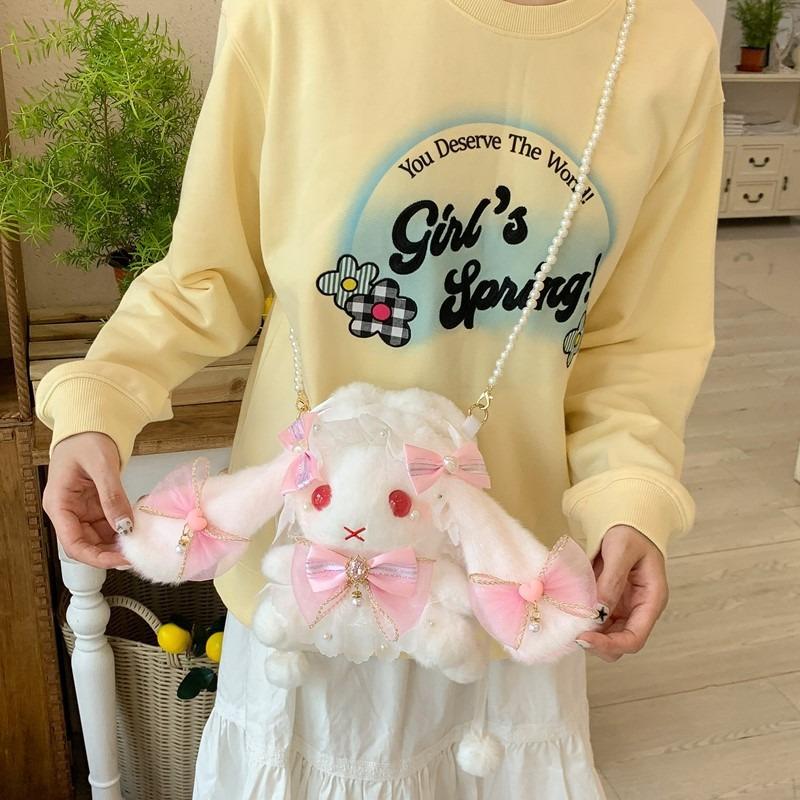 Handmade Lolita Doll Rabbit Bag Cute Bow Pearl Chain Messenger Bag for Girls
