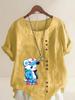 Women's Fashion Blue Bear Print Shot Sleeve T-shirt Loose Cotton Shirt Casual Loose Summer Blouse Tops Plus Size