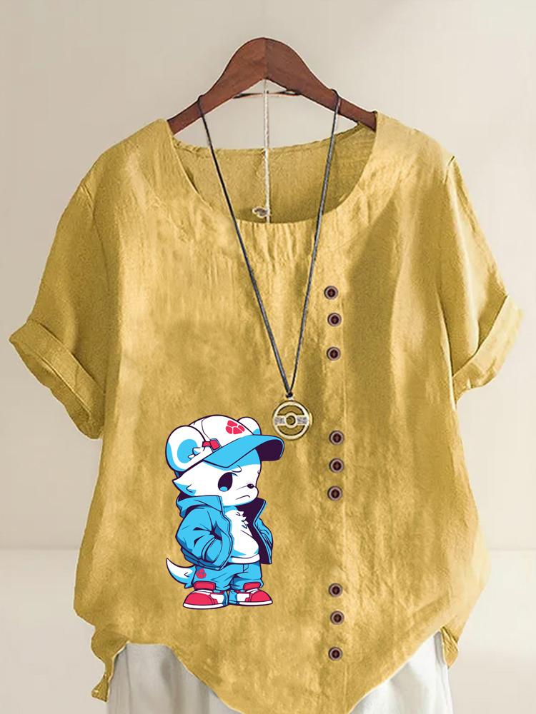 Women's Fashion Blue Bear Print Shot Sleeve T-shirt Loose Cotton Shirt Casual Loose Summer Blouse Tops Plus Size