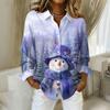 Women's Christmas Printed Button Up Long Sleeved Casual Regular Shirt With Collar Top
