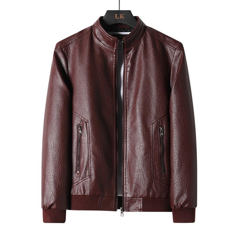 Men's Spring and Autumn New Large Size Stand Collar Single Layer Leather Jacket Men's PU Leather Jacket Casual Jacket Men's Trendy
