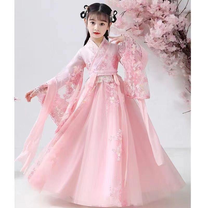 Hanfu Girls' Cherry Blossom Ruqun Dress - Long Sleeve Ancient Chinese Style for Spring & Autumn