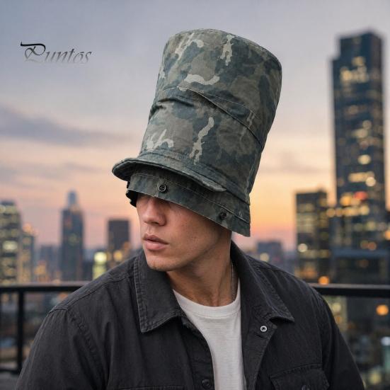 Cappello a Cilindro con Cima a Cupola Stampa Mimetica Cappello a Secchiello, Pescatora Pieghevole con Design Allacciato, Bottoni Automatici Metallici Estivi Parasole per Escursionismo all'Aperto Viaggio Abbigliamento Casual