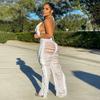 2 Pcs/Set Women Crop Top Pants Set Tassel Hollow Out Lace-up Halter Neck Beach Vacation Bra High Waist Ripped Knitted Hollow Out Trousers