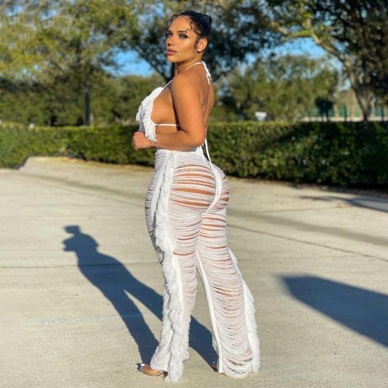 2 Pcs/Set Women Crop Top Pants Set Tassel Hollow Out Lace-up Halter Neck Beach Vacation Bra High Waist Ripped Knitted Hollow Out Trousers