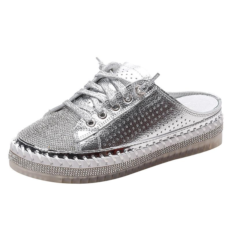 

Fashion Women Shiny Rhinestones Slippers Women Stylish Lace-Up Shoes Fashion Size40 Korean Comfortable Flat Shoes Casual Slippers Ladies 40 серебряный