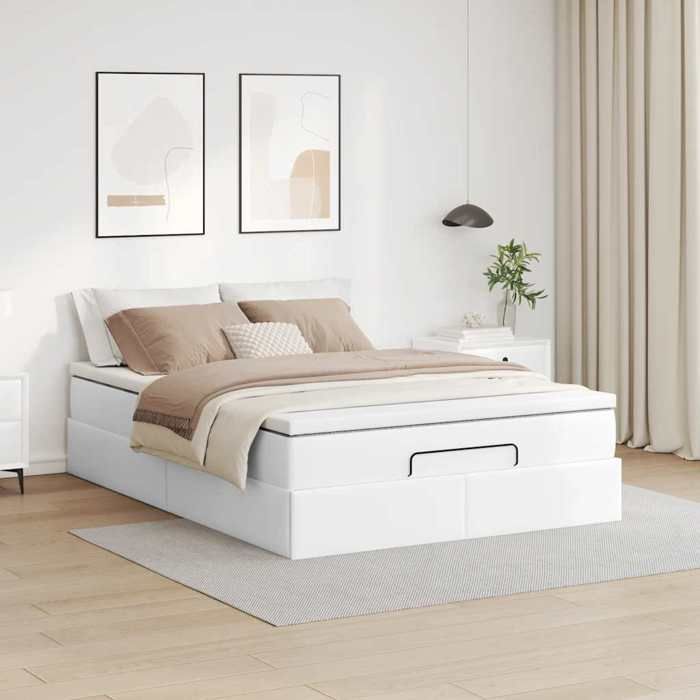 Cadre de lit ottoman - 140x190 cm - Similicuir blanc - Matelas inclus - Mécanisme de levage hydraulique