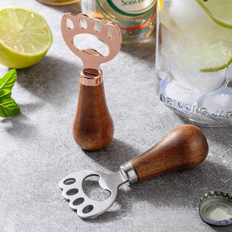 1pc Wood Handle Cat Claw Beer Opener Upright Durable Keychain Bottle Opener Stainless Steel Drink Cap Lid Remover Beverage