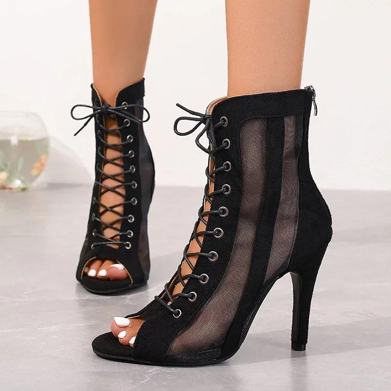 Fashion 2025New Retro Style Women Peep Toe Ankle Boots  Sexy  Black  Party Stilettos Jazz Dance Shoes