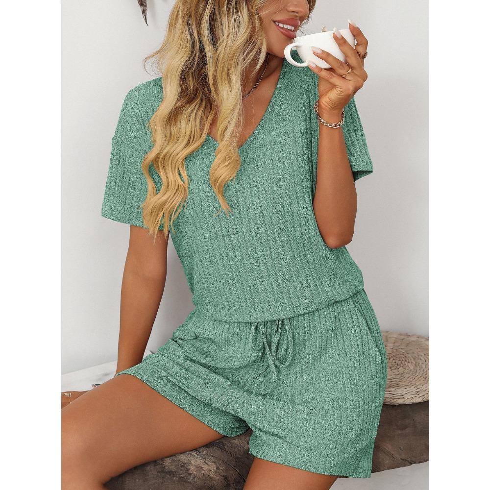 Sommer Neu Einfarbig Rippenstreifen Pyjama Kurzarm Hausanzug Set