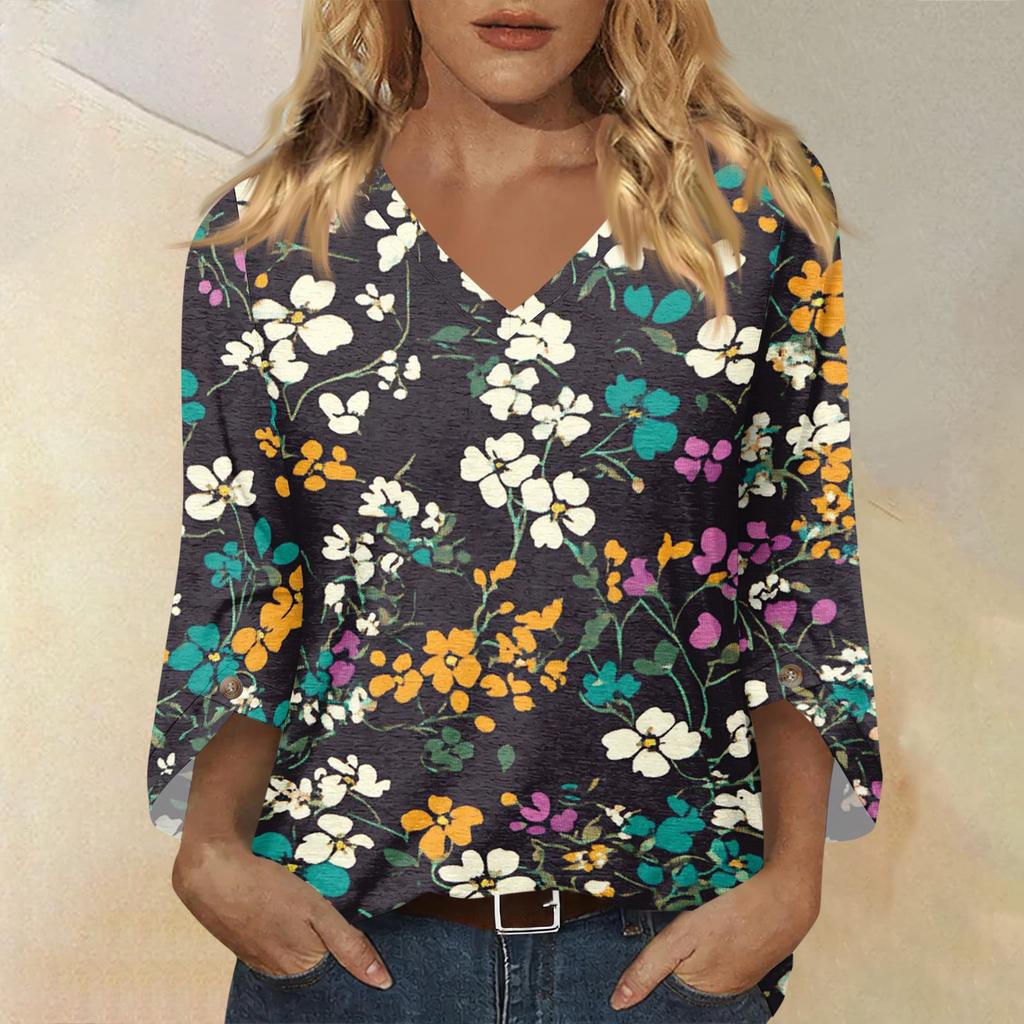 Long Sleeve Shirts for Women V Neck Floral Print Womens Long Sleeve Tops Casual Loose Long Sleeve T Shirt Women Stylish Long Sleeve Tops for Women