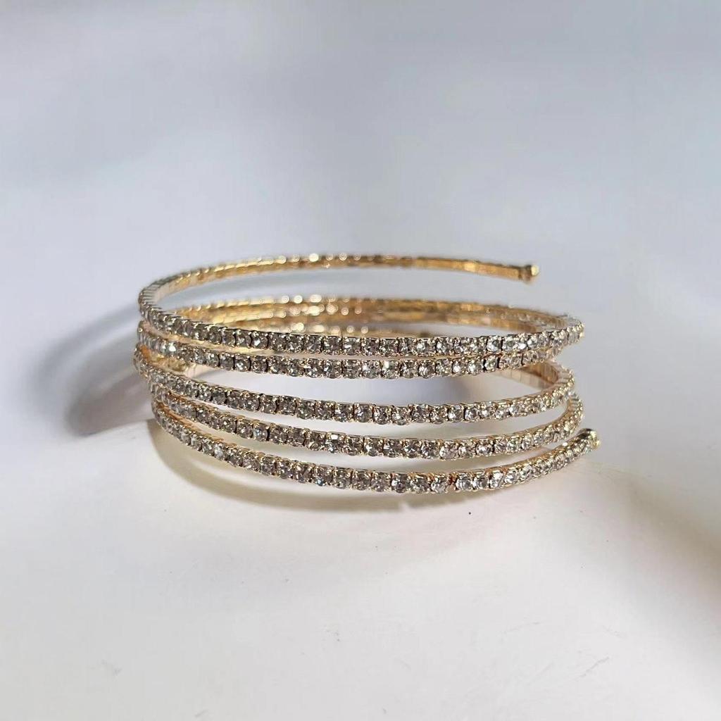 European & American Luxury Full Diamond Open Bangle - Three-Layer Rhinestone Spring Bracelet for Women, 2MM, Fashionable & Versatile High-End Jewelry.