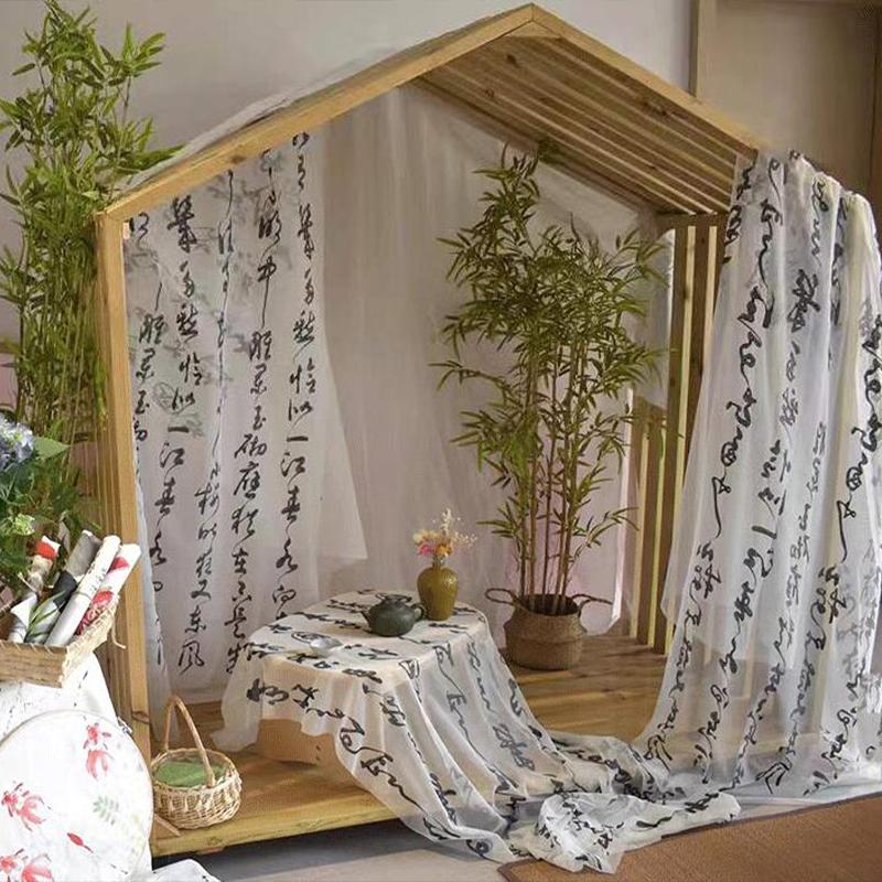 100*280cm Estetica Cinese Calligrafia a Inchiostro Tessuto a Rete di Filato Fai da Te Costume Antico HanFu Tulle Voile Tenda Decorazione Stanza del Tè Zen