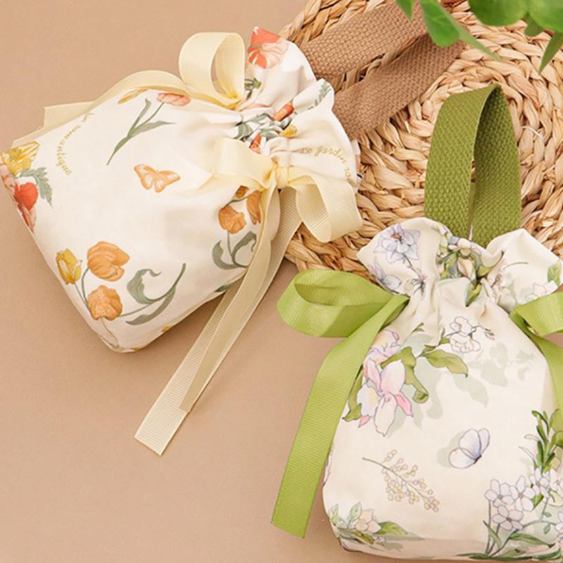 Floral Canvas Drawstring Bag Small Flower Pouch Jewelry Packaging Bag Wedding Candy Christmas Gift Packaging Bag Bowknot Bag