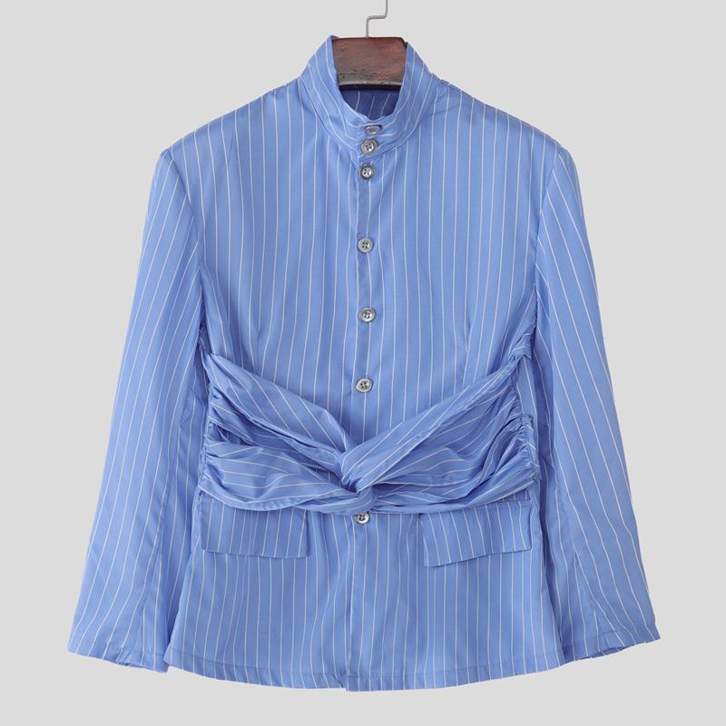 

INCERUN Oversized Men High Neck Long Sleeve Twisted Striped Print Casual Loose Shirts 5XL синий