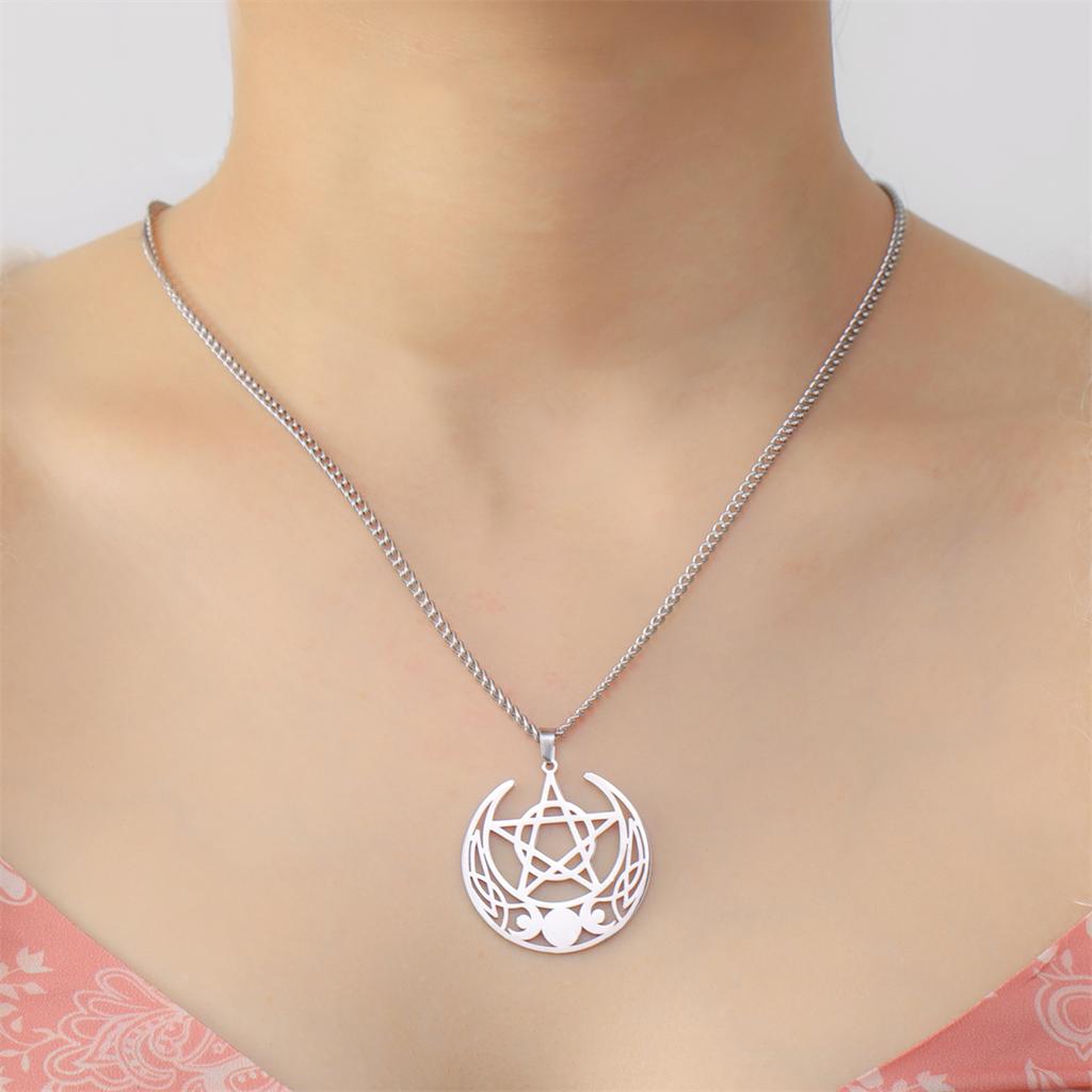  Pentagram Triple Moon Goddess Necklace Stainless Steel Hollow Witch Talisman Necklace Greek Jewelry Gift Wholesale