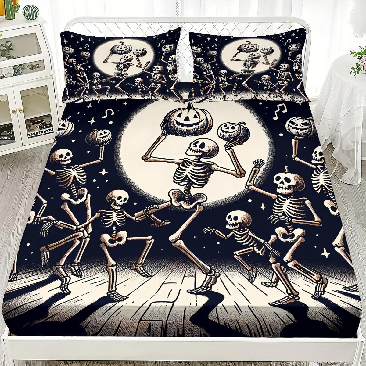 

Halloween Skeleton Fitted Sheet,Cartoon Jack-O -Lantern Bed Sheets Deep Pocket 30Cm,Bed Sheet With Pillowcases For Kids Aldults 90x200x30cm-2pcs