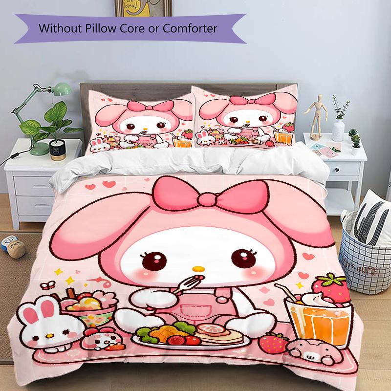 3pcs My Melody's Sweet Breakfast Adventure Bedding Set - 1 Soft Quilt Cover + 2 Pillowcases, Machine Washable - Suitable for All Seasons, Pe