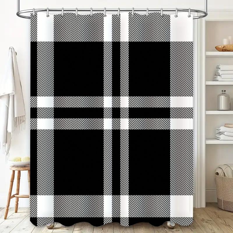 Klassisches Karos Duschvorhang-Set: Wasserdichter Stoff Badezimmerteppich Dekoration in Schwarz Weiß 3D-Druck Wasserdichte Heimtextilien Zubehör (
