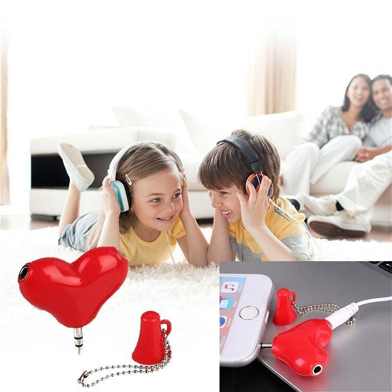 1 ks rozkošný rozbočovač pro sluchátka, sluchátkový rozbočovač, pro zamilované, roztomilé červené srdce, 3,5 mm, 1 vstup na 2 výstupy, audio rozbočovač pro páry