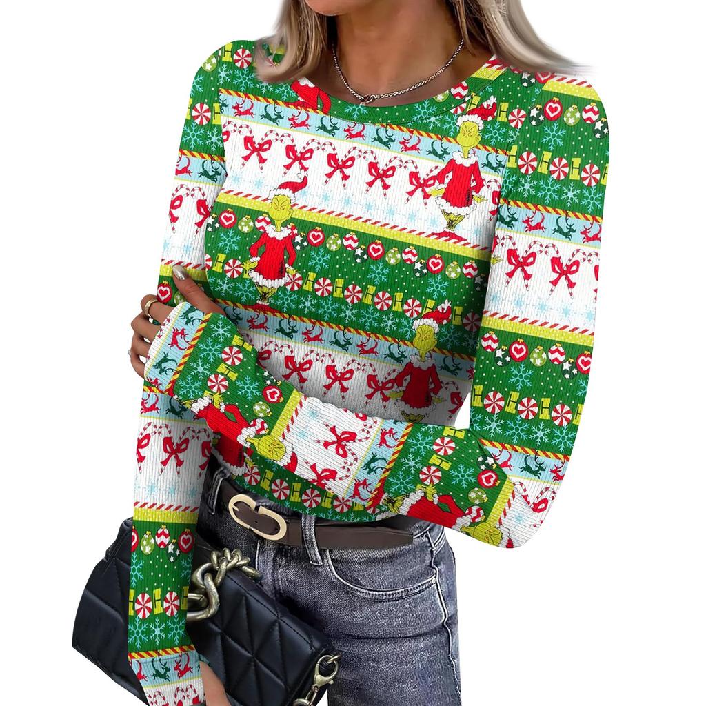 Women's Slim Fit Base Layer Long Sleeve Crewneck Pullover T-Shirt with Thumb Holes, Christmas Graphic Print Top