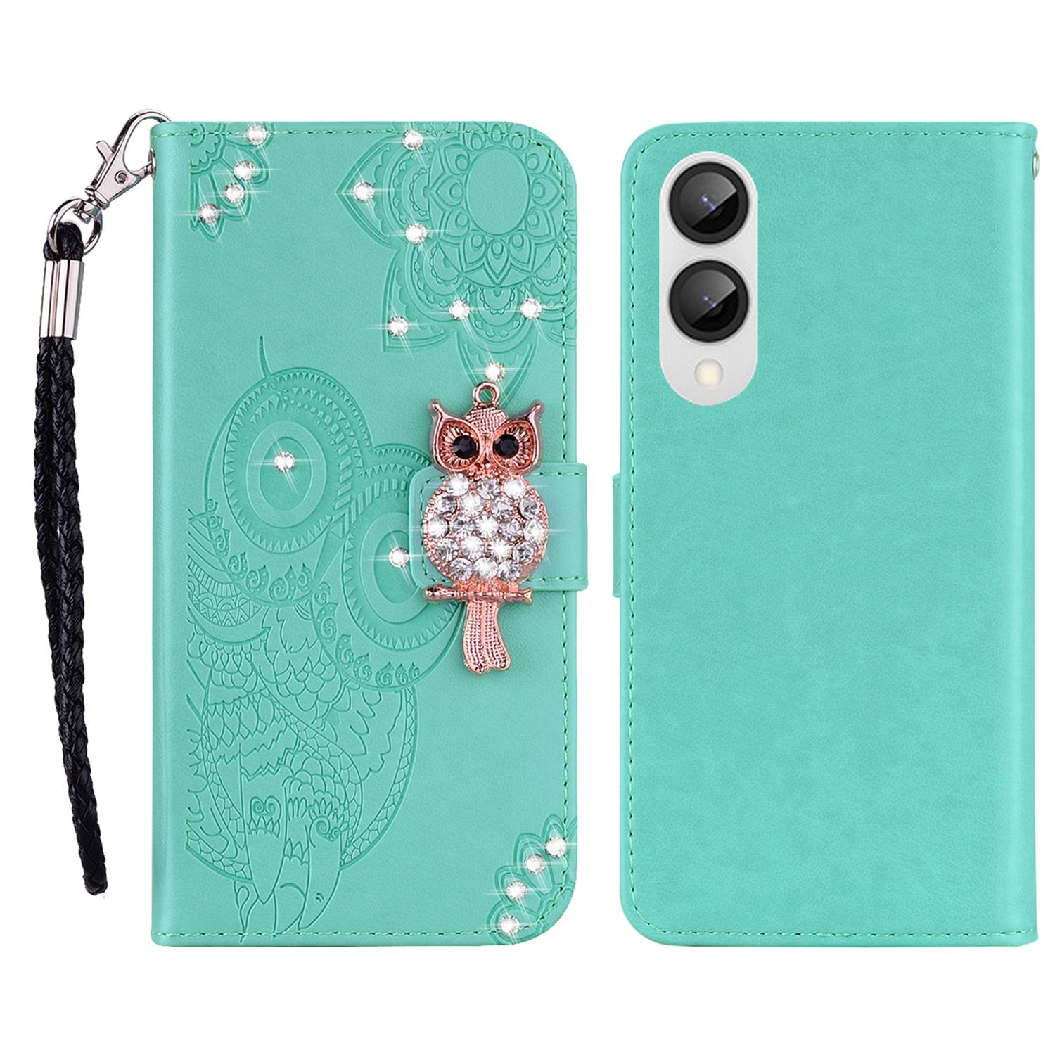 

For Samsung Galaxy S25 Edge Wallet Case Owl Flower Imprinted Rhinestone Leather Cover Cyan