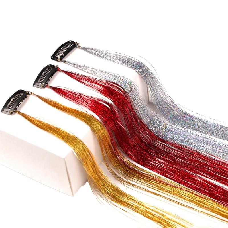 2pcs/set Laser Silk Colorful Hair Piece Extension Colorful Fake Hair Clip in One Piece Hairpiece Colorful Holographic Hair Tinsel Glitter Fairy