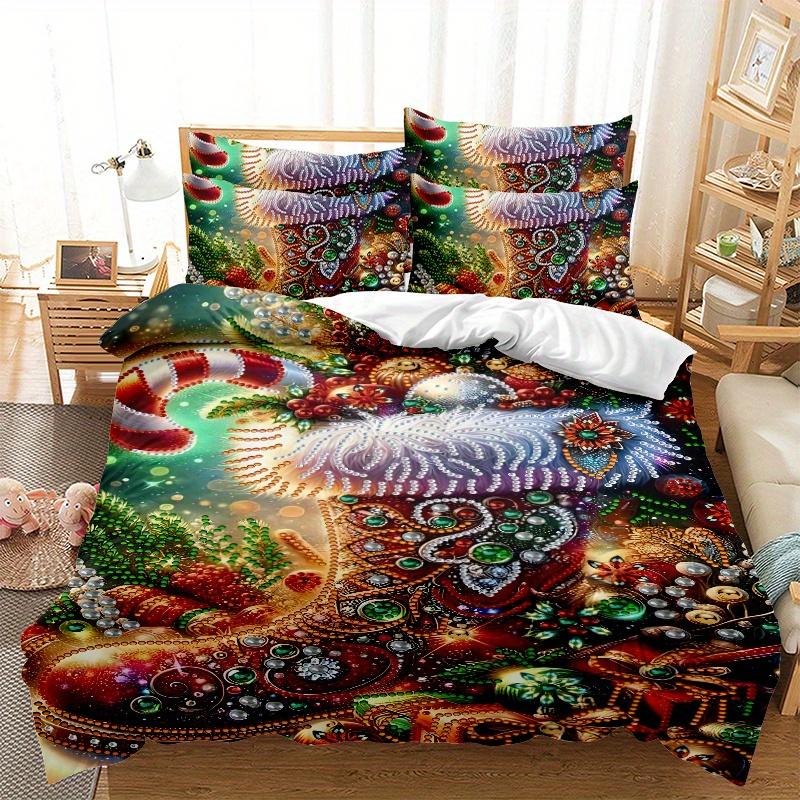 

3pcs Christmas Bedding Set - Santa Claus Snowman Tree Design Polyester Machine Washable Zipper Closure All-Season Comforter EU Twin(135x200cm)