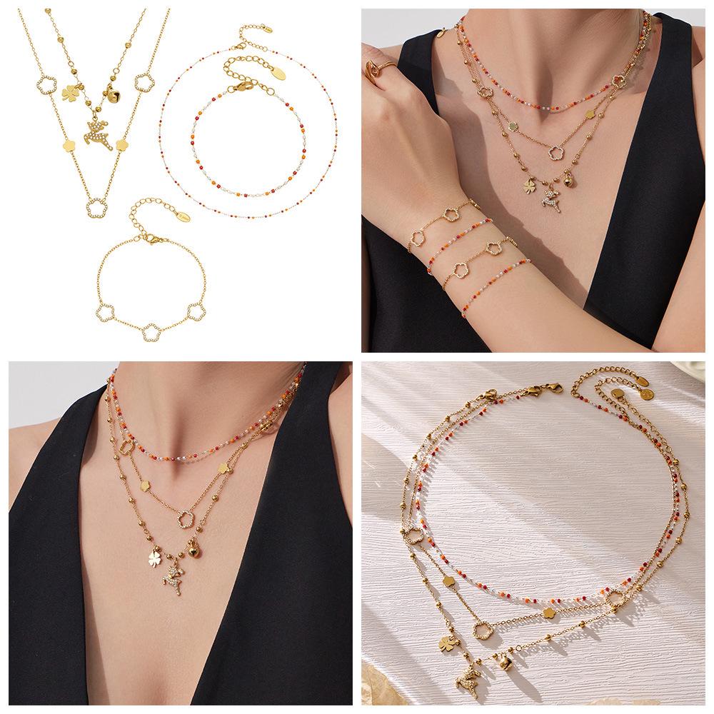 18k Gold Plated Stainless Steel Zirconia Flower Necklace & Bracelet Set with Natural Stone Beads - Light Luxury Jewelry.