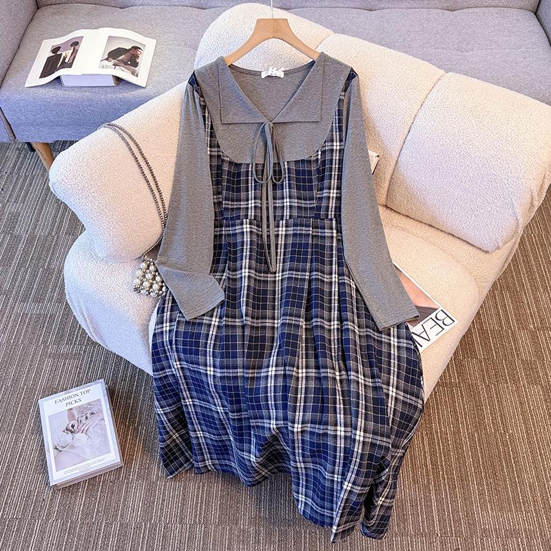 

Plus Size 130-350 Jin Plaid Patchwork Long-Sleeve Dress - Autumn/Winter Fake Two-Piece Design for Women 2XL (120-160 jin)