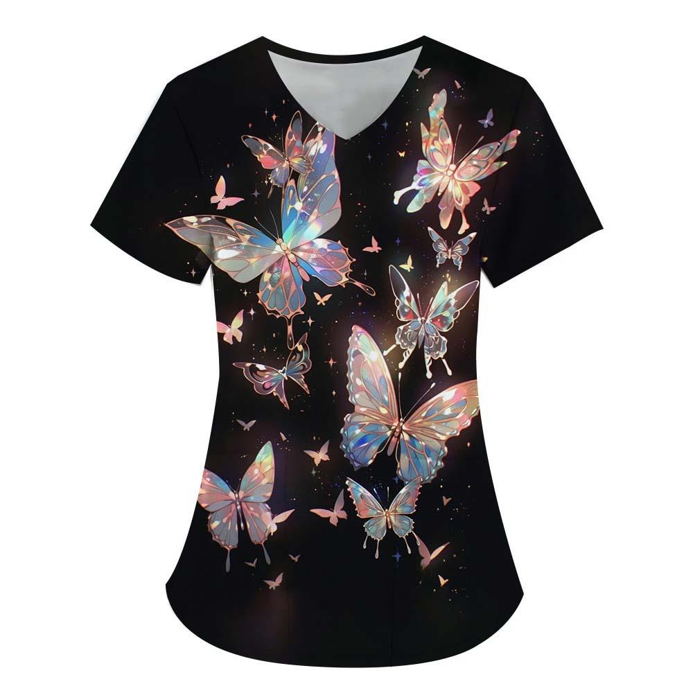 Damen T-Shirt V-Ausschnitt Krankenschwester Uniform Pendeln Schwarze Serie Schmetterlingsdruck Damen T-Shirt