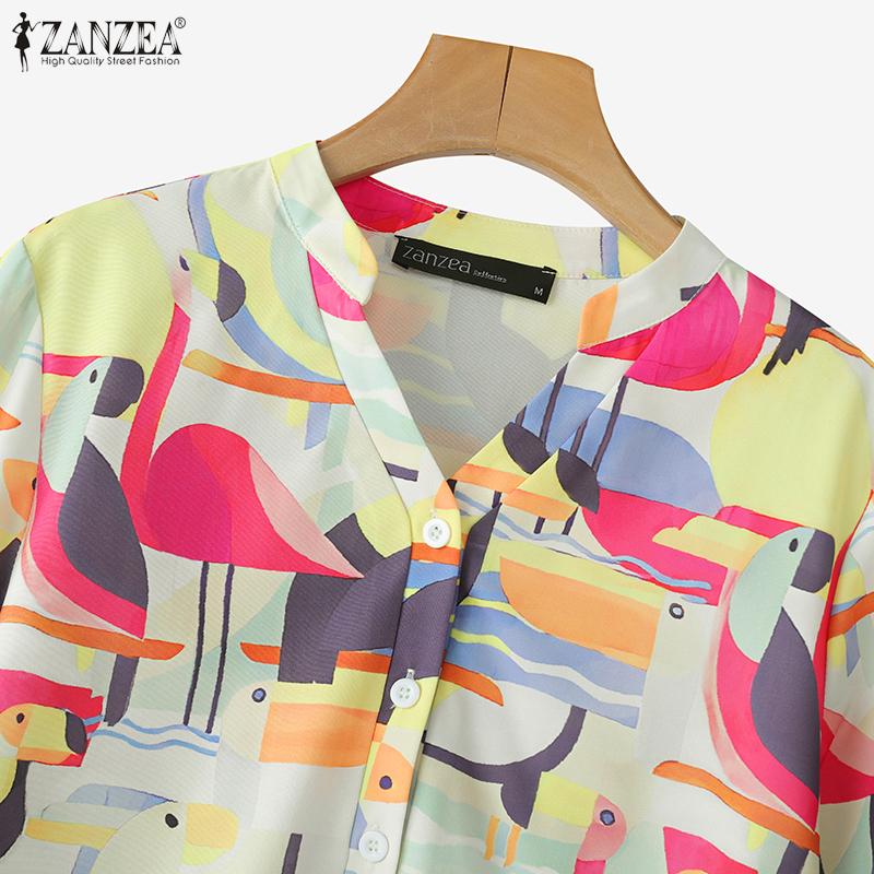 ZANZEA Bluză casual de damă cu gât în V, mâneci 3/4, croială largă și imprimeu