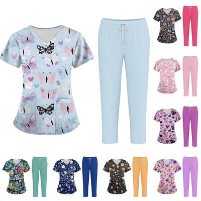 Plus SizePrinted Scrub Working Uniform Tops For Women's Cross V-Neck Halloween Print Short Sleeve Fun T-Shirts Workwear Tee With Pockets