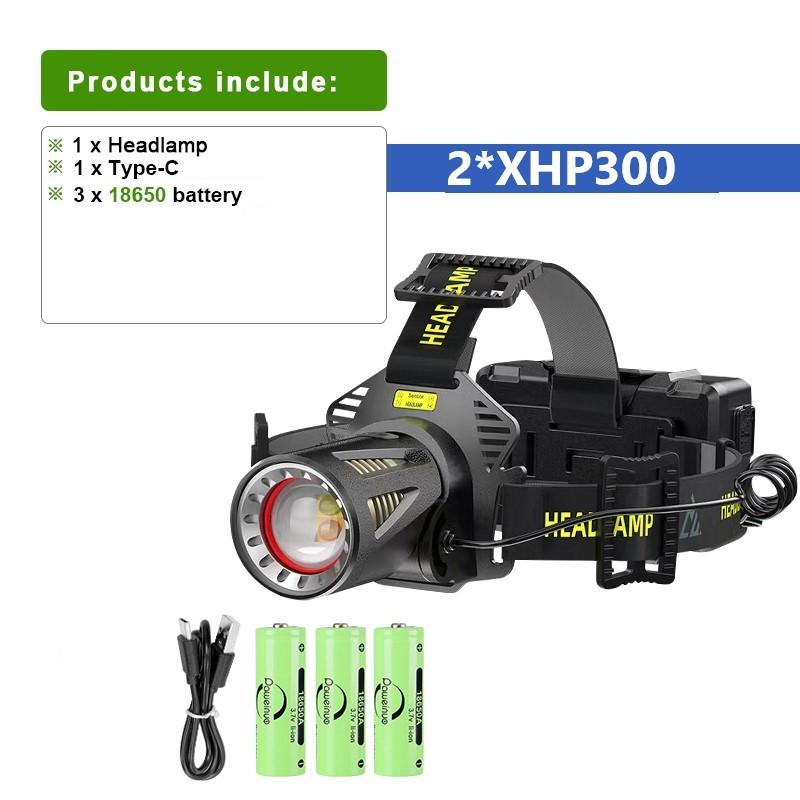 

2*XHP300 сенсорный налобный фонарь светодиодный перезаряжаемый USB-фонарик высокой мощности для кемпинга и рыбалки with 18650 battery