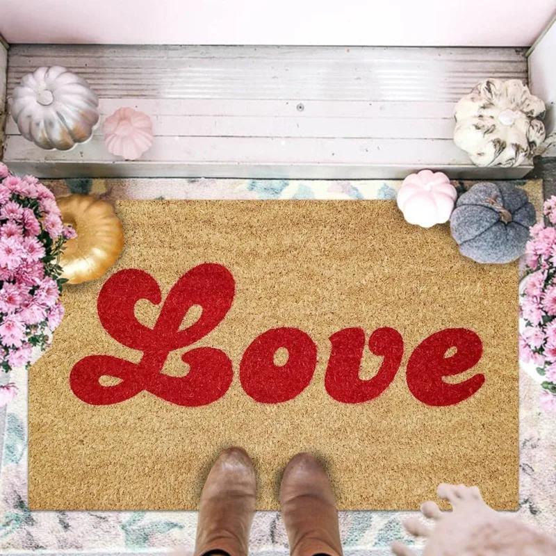 Valentines Day Heart Print Doormat Kitchen Floor Mat No-slip Washable Entrance Welcome Standing Mats Indoor Outdoor Decoration