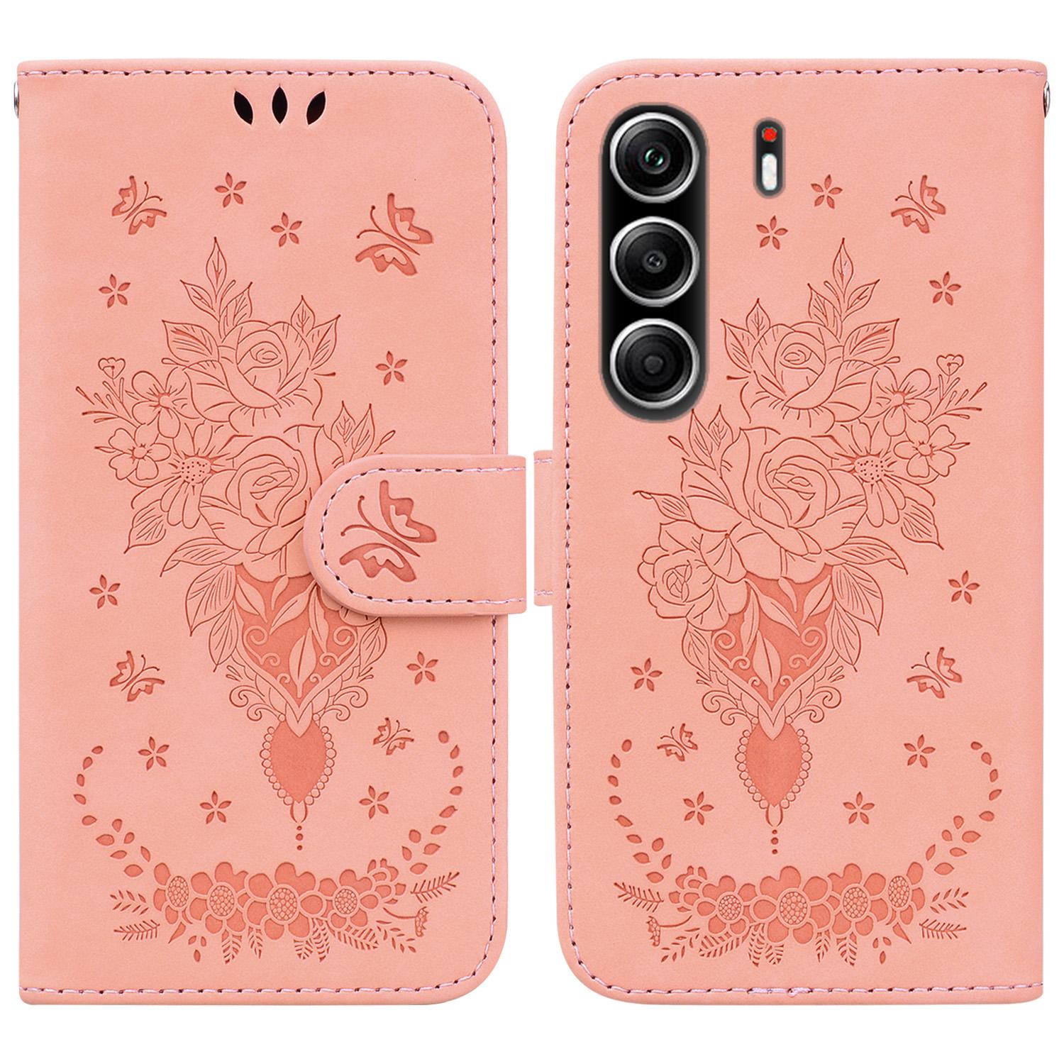 

For TECNO Camon 40 Pro 5G/4G Case Butterfly Flower Imprint PU Leather Wallet Phone Cover with Strap Pink