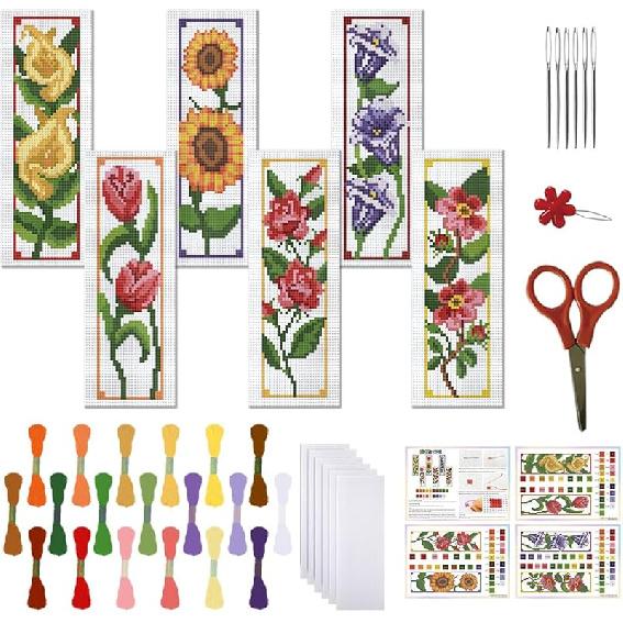 FREEBLOSS 6 Cross Stitch Bookmark Kit Cat Print Embroidery Bookmark Beginner Embroidery Kit with Instructions Counted Cross Stitch Kit Suitable for оранжевый