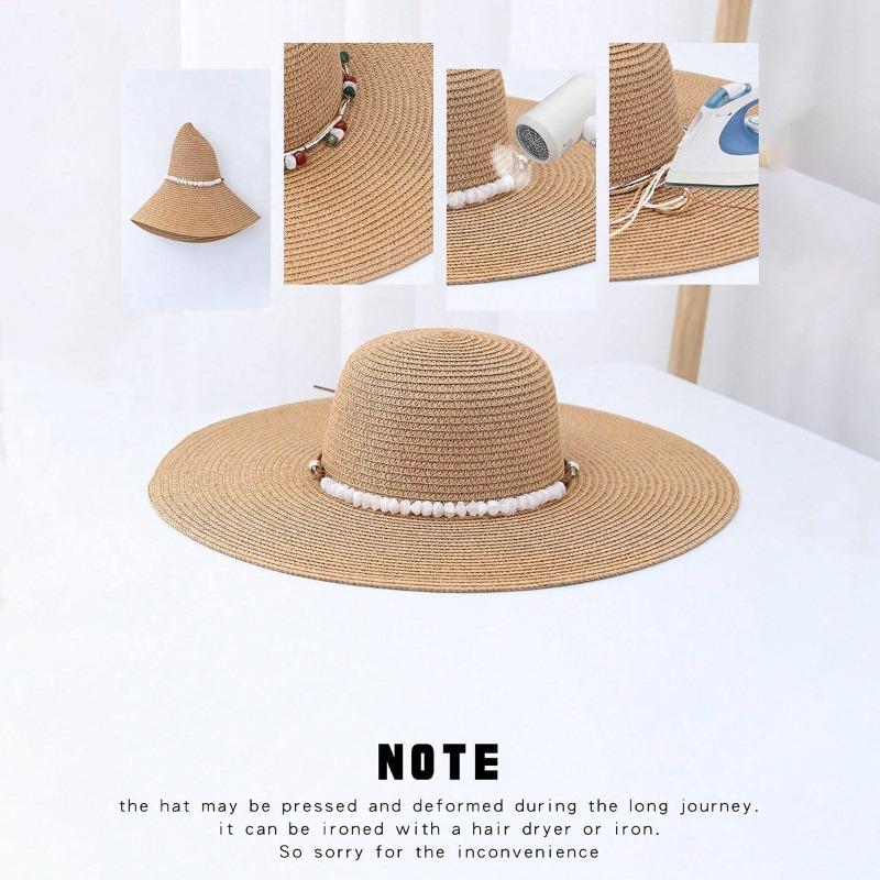 Women's Pearl Strap Wide Brim Fedora Summer Sun Protection Sun Protection Hat Women's Foldable Straw Beach Hat Sun Protection