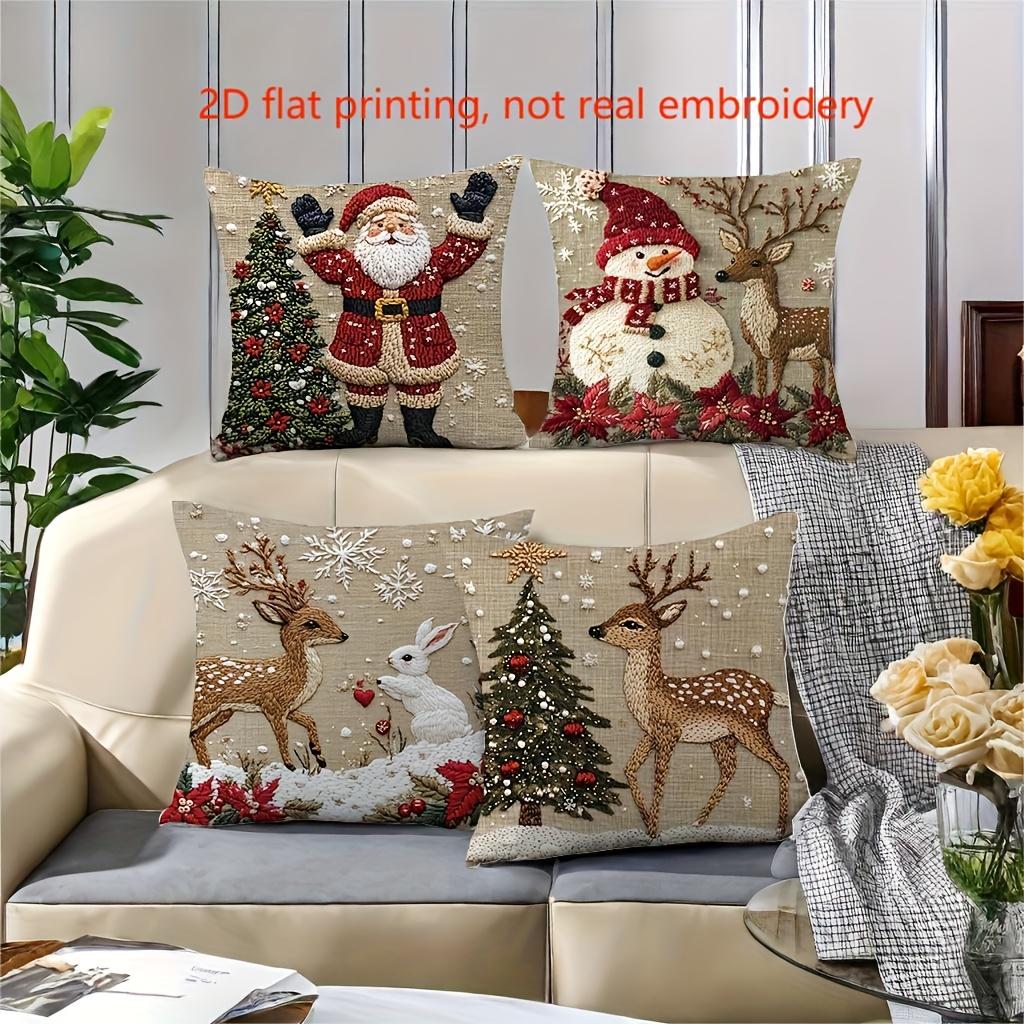 4pcs Christmas Pillow Covers - Traditional Holiday Decorations with Santa, Snowman, Reindeer - Zipper Closure Cushion Cases