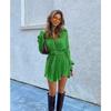 Spring and Autumn Women's Shirt Dress Fashion Elastic Waist Pleated Long Sleeve Tie Dress