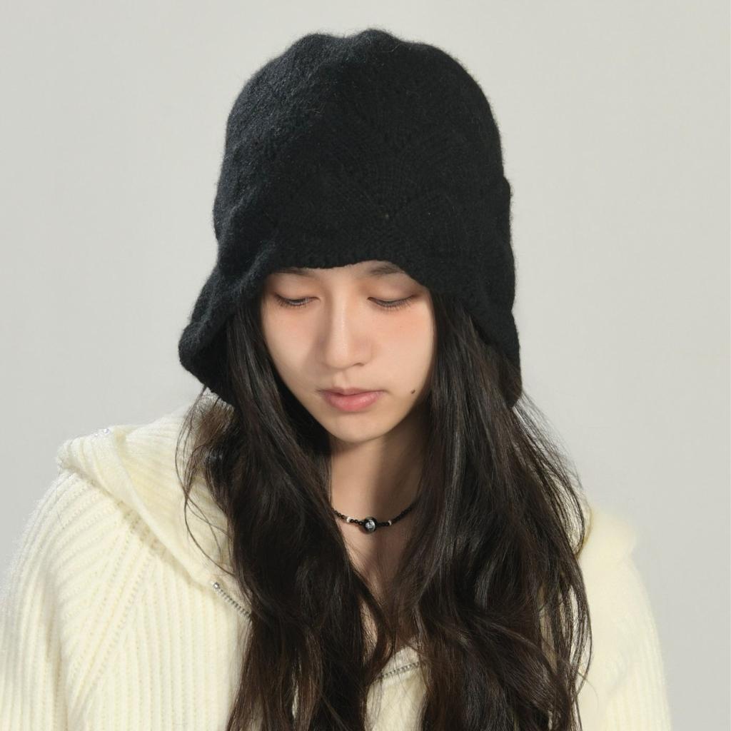 Solid Color Lace-up Knitted Hat, Photo Artifact Rabbit Down Rabbit Fur, Windproof Soft Waxy Bag Head In Autumn and Winter, Showing Face and Small Ear