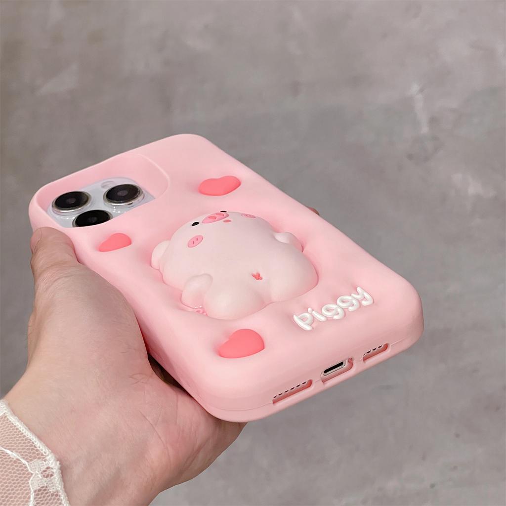 For iPhone 16 Pro Max Silicone Case Cute Expanding Pig Design Shockproof Phone Back Cover
