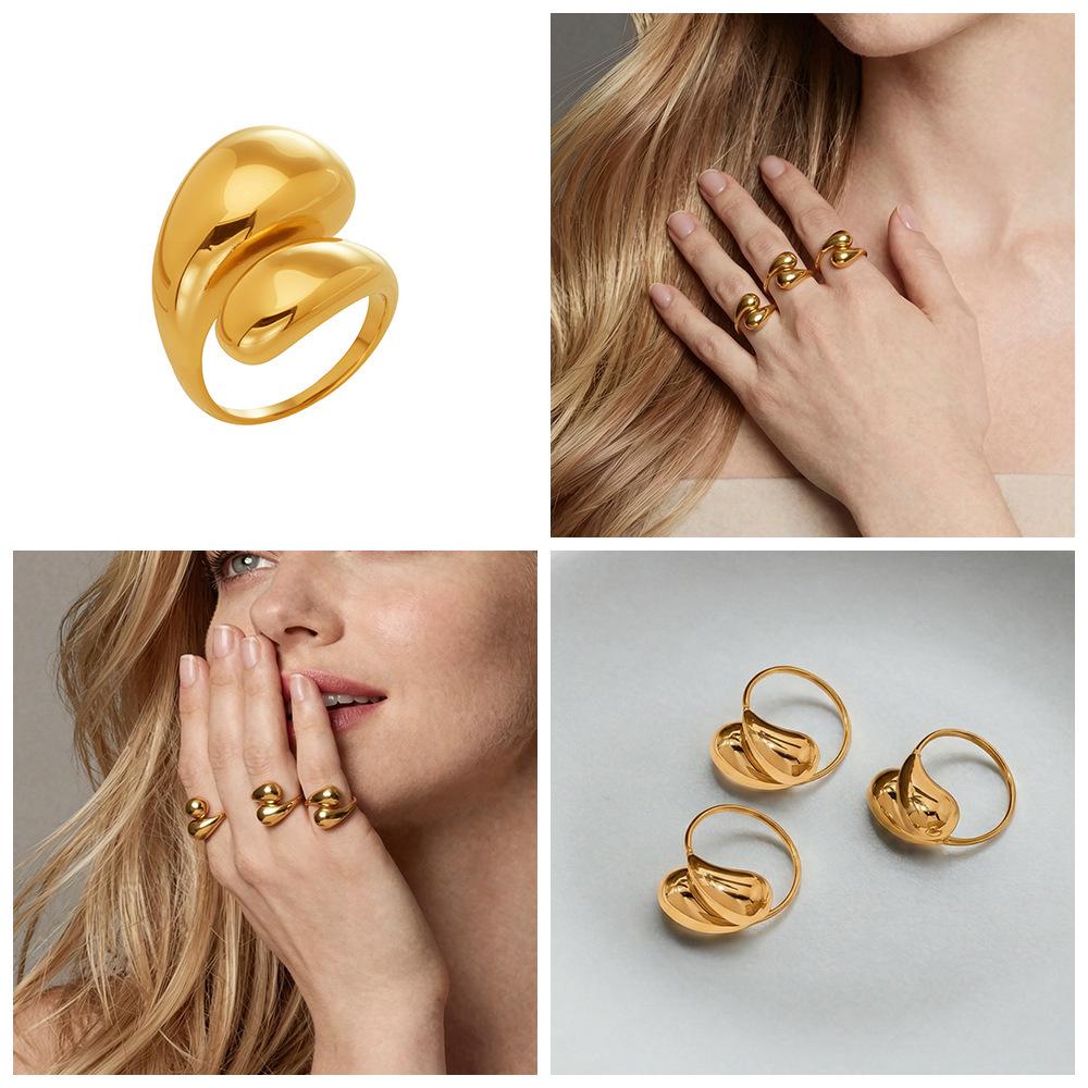 18k Gold Plated Water Drop Open Ring, Stainless Steel, Smooth Surface, Women's Fashion Design