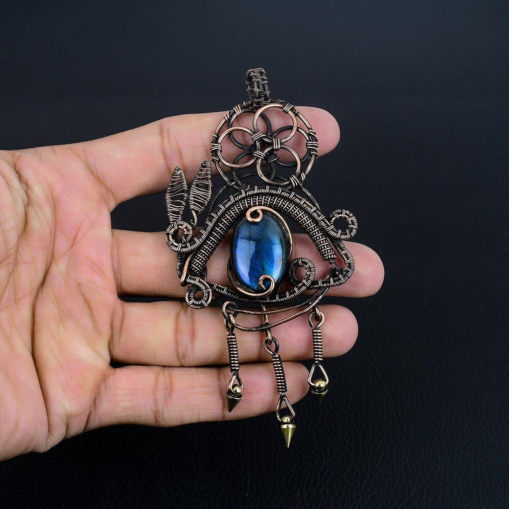 Labradorite Pendant, Handmade Gemstone 999 Copper Wire Wrapped Pendant Antique Jewelry, For Gift Silver Jewelry