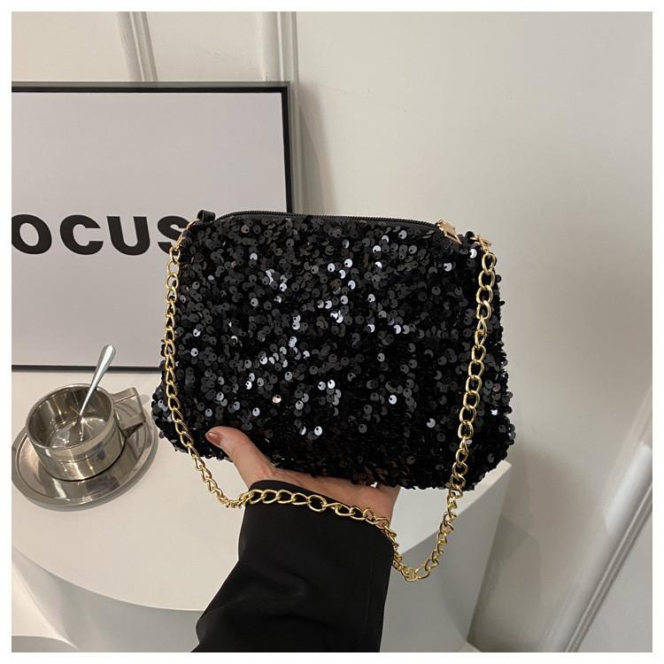 Black And White Sparkly Underarm Bag Women 2024 New Spring Nightclub Chain Small Square Bag Street Fashion