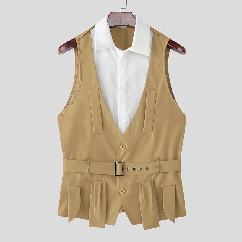 INCERUN Men Lapel Sleeveless Fake Two-piece Belt Waist Vest Waistcoats