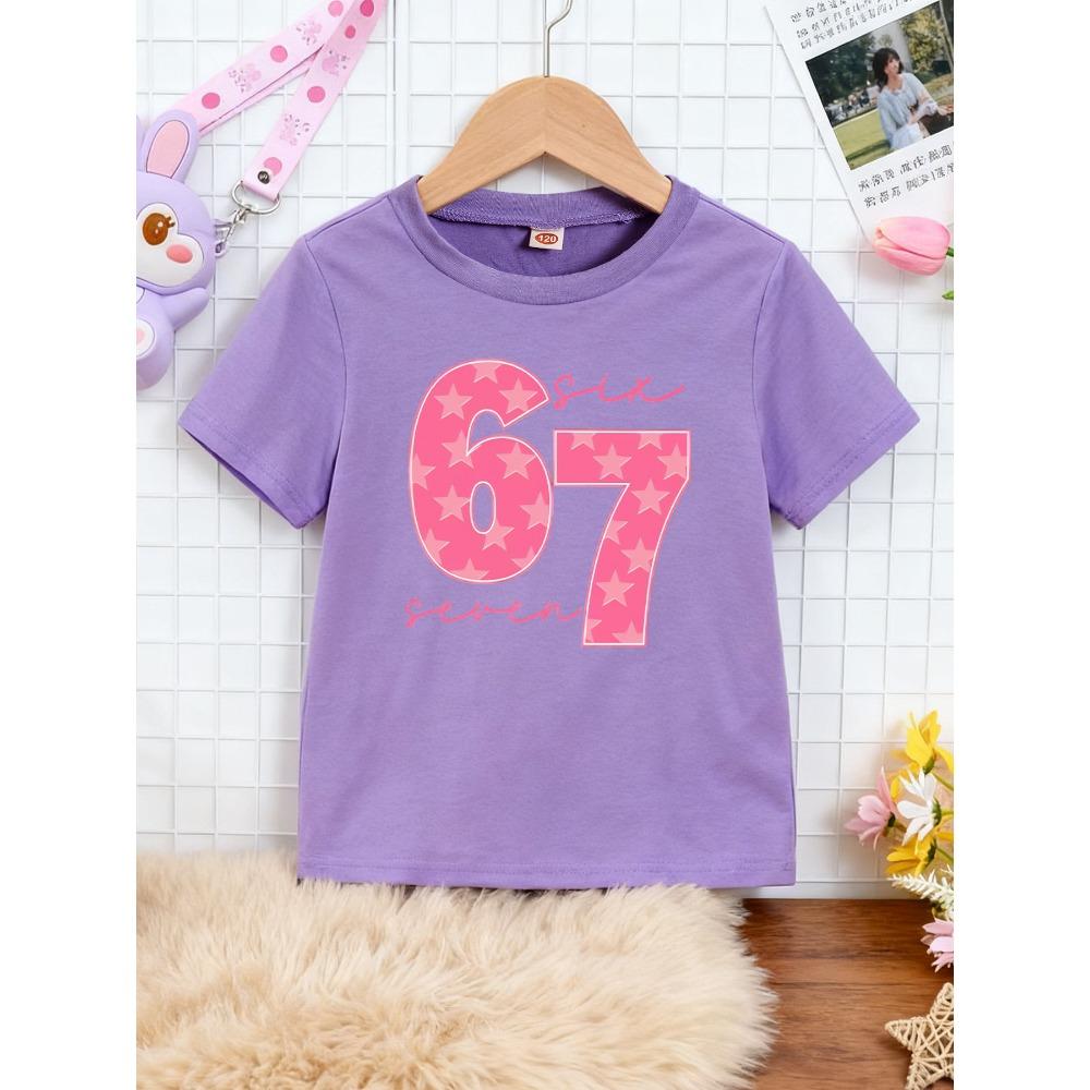 

Purple children s short sleeved T-shirt, cute pink star 67 digital print girl summer round neck breathable baby short sleeved top 140
