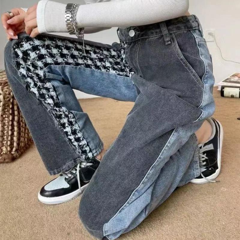 Harajuku Women's Patchwork Straight Leg Jenas with Print Korean Streetwear Hiphop High Waisted Denim Trouser Y2k Style of 90s