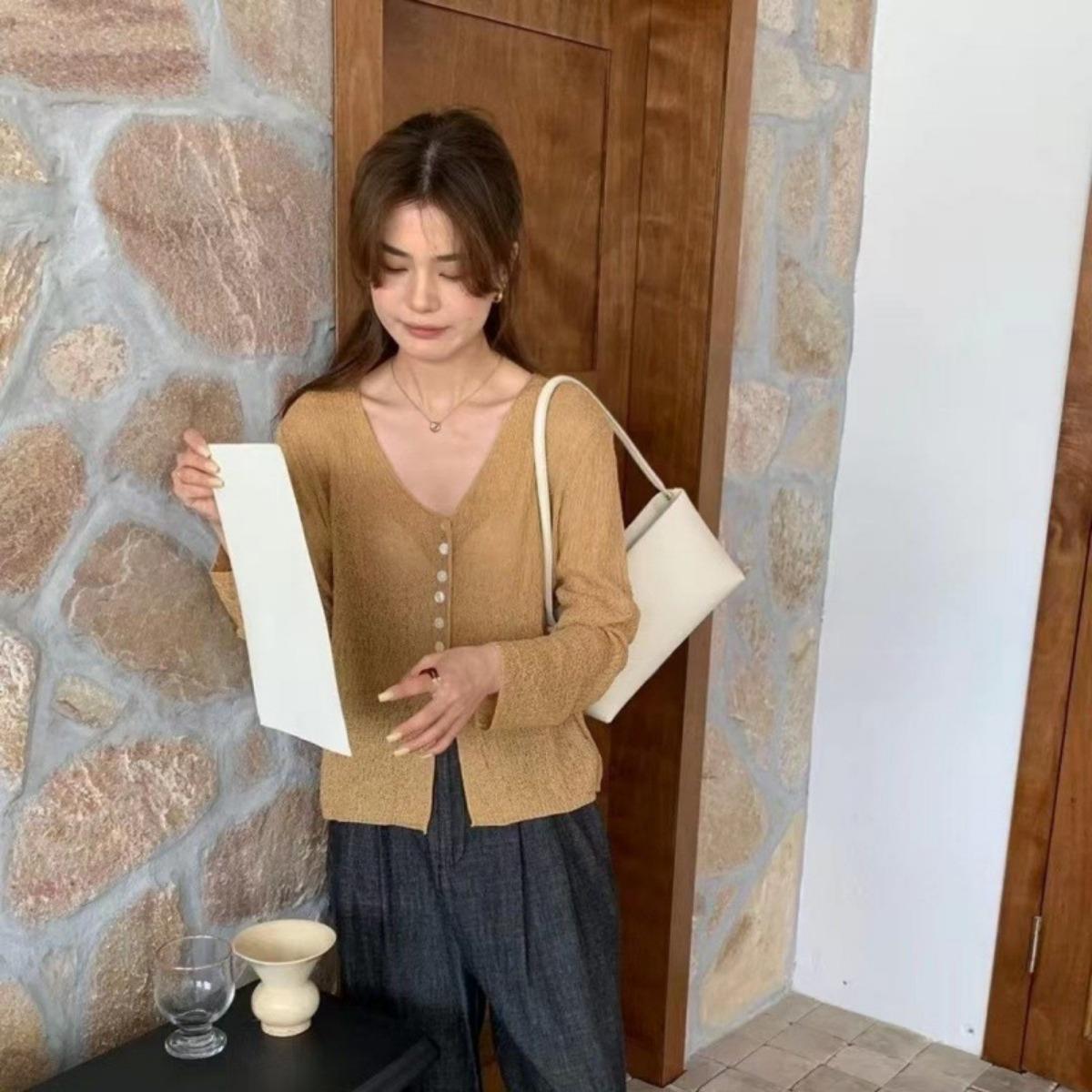 

Модный легкий кардиган с V-образным вырезом - Прозрачная летняя шаль с длинными рукавами, Женский повседневный сексуальный стиль, Элегантный кардиган XL дубильная кора